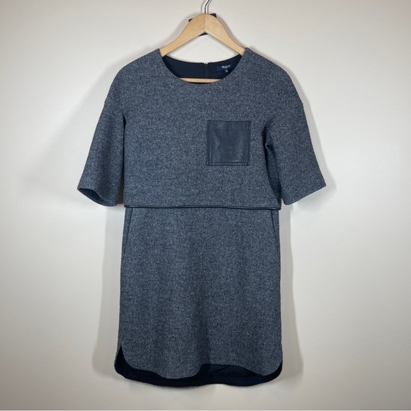 MADEWELL Gray Wool and Leather Dress XS Short Sleeve Mini Length Pocket - Picture 1 of 9